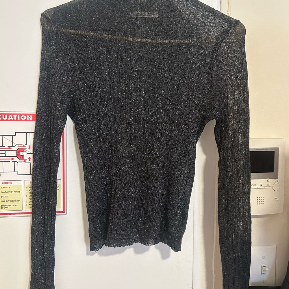 12th Tribe Black Metallic Long Sleeve Sheer Top